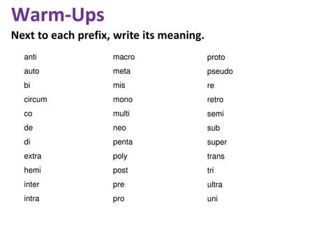 Warm-Ups Next to each prefix, write its meaning. anti auto bi circum