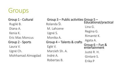 Groups Group 1 - Cultural Group 3 – Public activities