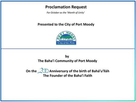 Proclamation Request Presented to the City of Port Moody by