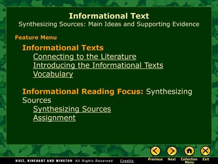 Feature Menu Informational Texts Connecting to the Literature