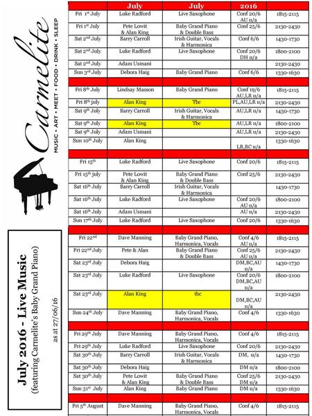 July Live Music (featuring Carmelite’s Baby Grand Piano) July