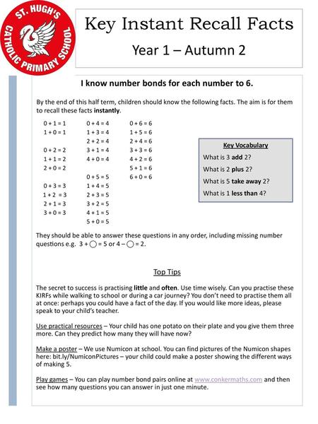 I know number bonds for each number to 6.