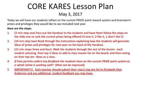 CORE KARES Lesson Plan May 3, 2017