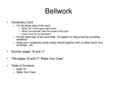 Bellwork Vocabulary Card Number pages 16 and 17