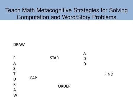 Teach Math Metacognitive Strategies for Solving Computation and Word/Story Problems DRAW A DD F A S T D R W STAR FIND CAP ORDER.