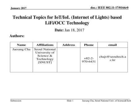 January 2017 Technical Topics for IoT/IoL (Internet of Lights) based LiFi/OCC Technology Date: Jan 18, 2017 Authors: Jaesang Cha, Seoul National Univ.