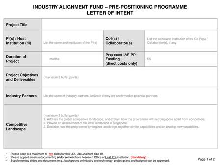 INDUSTRY ALIGNMENT FUND – PRE-POSITIONING PROGRAMME LETTER OF INTENT