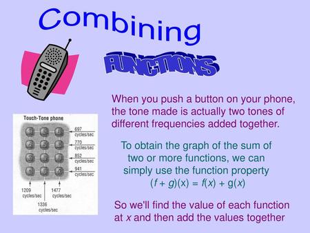 FUNCTIONS When you push a button on your phone, the tone made is actually two tones of different frequencies added together. To obtain the graph of the.