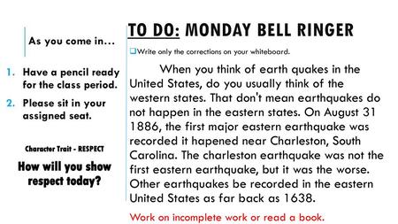 To Do: monday bell ringer