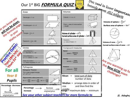 For all Our 1st BIG FORMULA Practice Dates: Year 8 Pupils