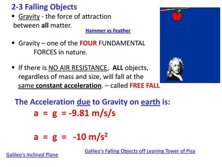 a = g = m/s/s a = g = -10 m/s2 2-3 Falling Objects