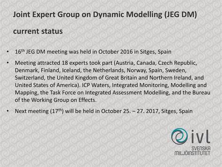 Joint Expert Group on Dynamic Modelling (JEG DM) current status