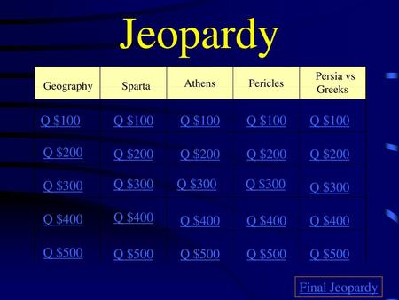 Jeopardy Q $100 Q $100 Q $100 Q $100 Q $100 Q $200 Q $200 Q $200