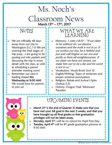 Ms. Noch’s Classroom News March 13th – 17th, 2017