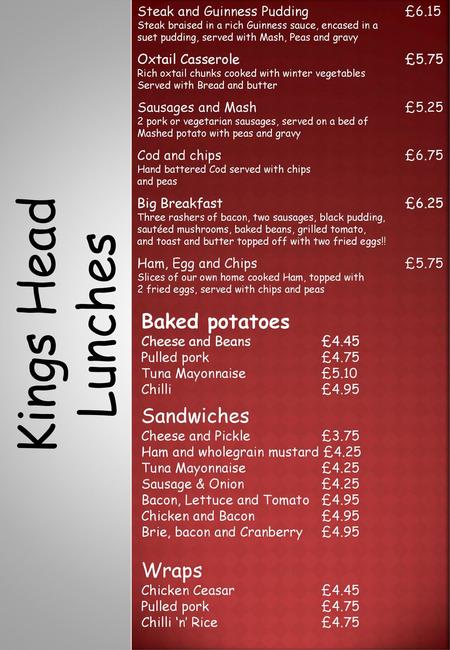 Kings Head Lunches Baked potatoes Sandwiches Wraps