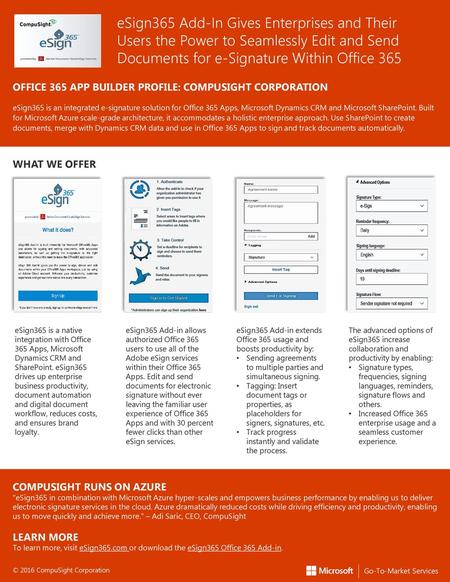 ESign365 Add-In Gives Enterprises and Their Users the Power to Seamlessly Edit and Send Documents for e-Signature Within Office 365 OFFICE 365 APP BUILDER.