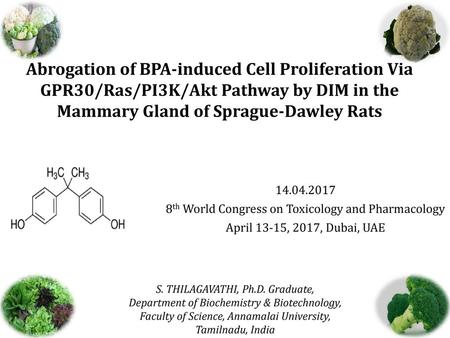 Abrogation of BPA-induced Cell Proliferation Via GPR30/Ras/PI3K/Akt Pathway by DIM in the Mammary Gland of Sprague-Dawley Rats 14.04.2017 8th World Congress.