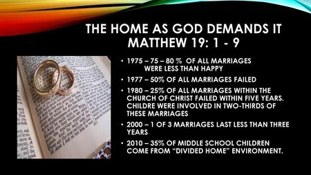 THE HOME AS GOD DEMANDS IT MATTHEW 19: 1 - 9