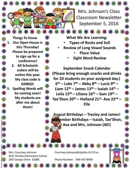 Mrs. Johnson’s Class Classroom Newsletter September 5, 2016