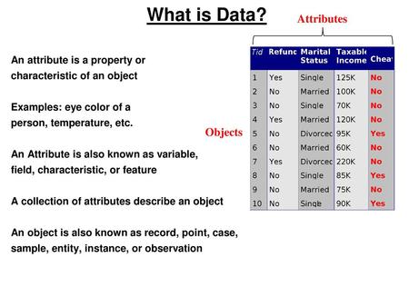 What is Data? Attributes Objects An attribute is a property or