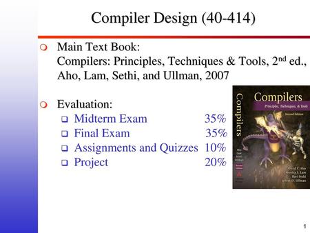 Compiler Design (40-414) Main Text Book: