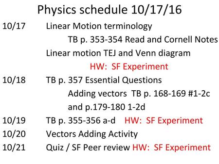 Physics schedule 10/17/16 10/17 Linear Motion terminology