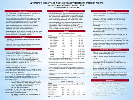 Optimism is Weakly and Not Significantly Related to Decision Making