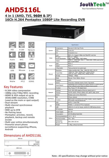 AHD5116L Key Features Dimensions of AHD5116L