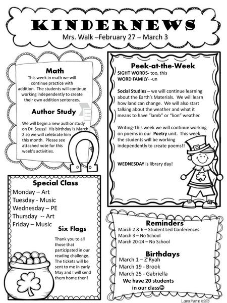 Kindernews Mrs. Walk –February 27 – March 3 Peek-at-the-Week Math