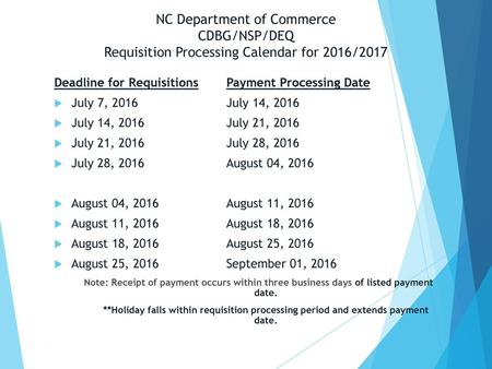 Deadline for Requisitions		Payment Processing Date