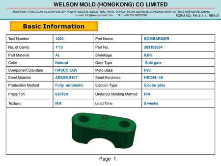 Basic Information Tool Number 1094 Part Name BOMBARDIER No. of Cavity