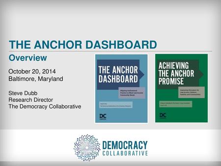 THE ANCHOR DASHBOARD Overview October 20, 2014 Baltimore, Maryland