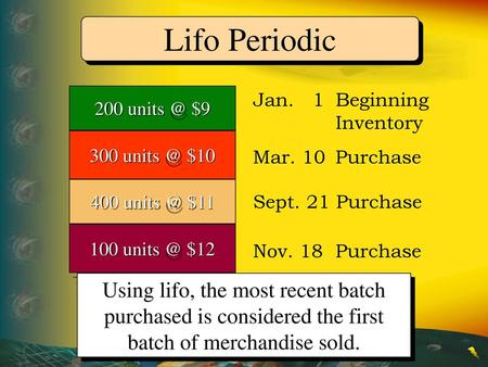 Lifo Periodic 200 $9 Jan.   1	Beginning 		Inventory 300 $10