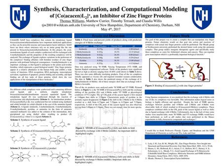 Synthesis, Characterization, and Computational Modeling of [Co(acacen)L2]+, an Inhibitor of Zinc Finger Proteins Thomas Williams, Matthew Currier, Timothy.