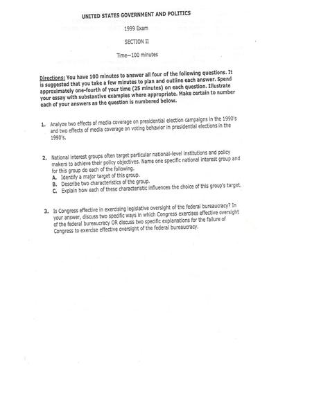 2000 AP® UNITED STATES GOVERNMENT AND POLITICS FREE-RESPONSE QUESTIONS The Constitution was an attempt to address problems of decentralization that.