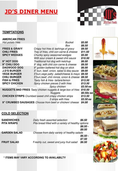 JD’S DINER MENU TEMPTATIONS COLD SELECTION