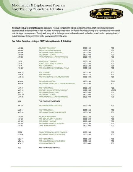 Mobilization & Deployment Program 2017 Training Calendar & Activities