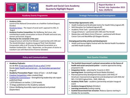 Health and Social Care Academy Quarterly Highlight Report