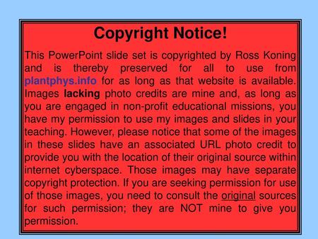 Copyright Notice! This PowerPoint slide set is copyrighted by Ross Koning and is thereby preserved for all to use from plantphys.info for as long as that.