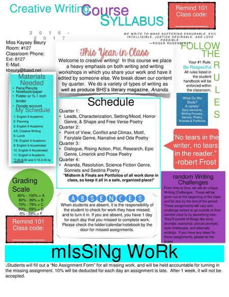 mIsSiNg WoRk Course Syllabus _____ _____ Creative Writing Schedule