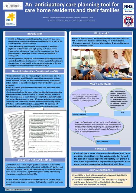 The Anticipatory Care Questionnaire (ACQ) Evaluation Aims and Methods