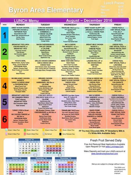 Byron Area Elementary Lunch Prices LUNCH Menu