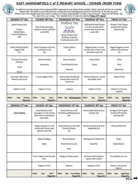 EAST HANNINGFIELD C of E PRIMARY SCHOOL – DINNER ORDER FORM