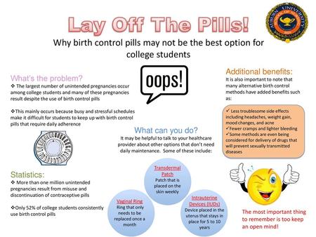 Lay Off The Pills! Why birth control pills may not be the best option for college students Additional benefits: It is also important to note that many.