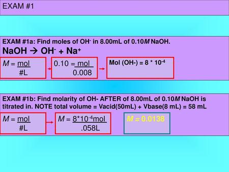 NaOH  OH- + Na+ EXAM #1 M = mol #L 0.10 = mol M = mol #L