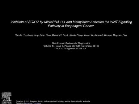 Inhibition of SOX17 by MicroRNA 141 and Methylation Activates the WNT Signaling Pathway in Esophageal Cancer  Yan Jia, Yunsheng Yang, Qimin Zhan, Malcolm.