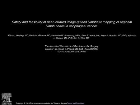 Safety and feasibility of near-infrared image-guided lymphatic mapping of regional lymph nodes in esophageal cancer  Krista J. Hachey, MD, Denis M. Gilmore,