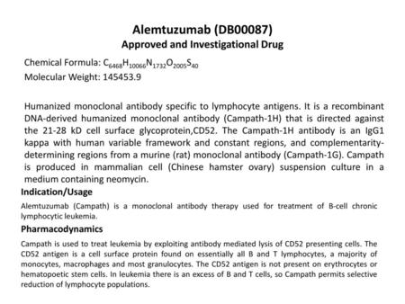 Alemtuzumab (DB00087) Approved and Investigational Drug