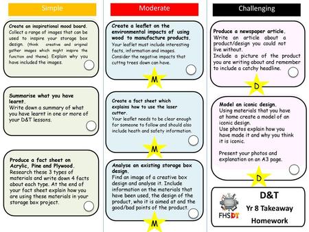 D&T Yr 8 Takeaway Homework Simple Moderate Challenging