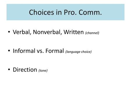 Choices in Pro. Comm. Verbal, Nonverbal, Written (channel)